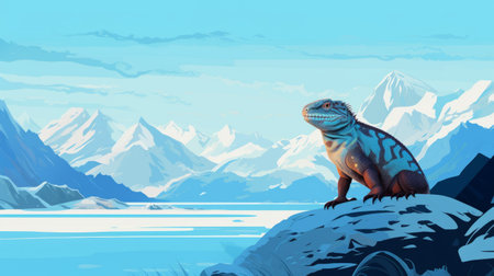the iguana perches atop a rock, gazing out at the majestic mountains beyond. this stunning scene is depicted in a flat illustration style, with light cyan and blue hues creating a hyperrealistic mural. the level of detail in the background is reminiscent of 2d game art and the work of artist even mehl amundsen. it's hard to believe how beautiful this image truly is. aiの素材