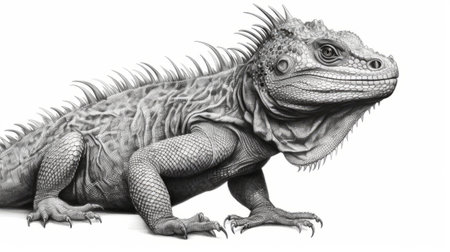 the iguana in this black and white drawing is depicted with hyper-realistic detail, showcasing its sharpprickly and lifelike features. the dark cyan and magenta color scheme adds to the historical and scientific feel of the piece, reminiscent of bronzepunk scientific illustrations. ai generatedの素材