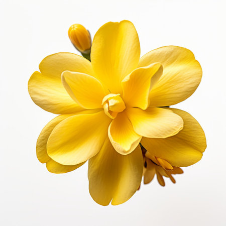 yellow flower captured in the style of frieke janssens, showcasing symmetrical asymmetry. shot using nikon d850, this art piece draws inspiration from tonga, hyacinthe rigaud, and sana takeda. the flower appears to be sculpted, sitting beautifully on a white background. ai generatedの素材