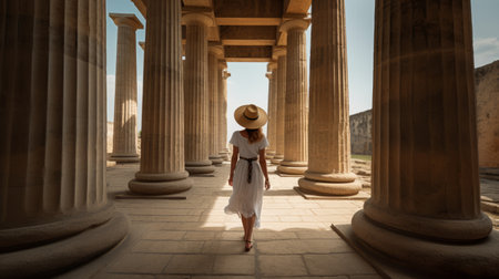 the woman in white dress is captured walking through a group of columns in a contemporary archaeological setting. the photo is taken in the style of tokina at-x 11-16mm f/2.8 pro dx ii lens, showcasing a sunny impressionism effect. the historically accurate columns add a stylish touch to the photo, making it a perfect representation of wimmelbilder. ai generatedの素材
