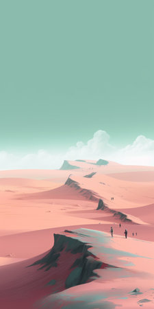 isolated desert with people walking in a futuristic art style. gentle color palette of light teal and light crimson. beautiful scenery with rtx on. tumblewave and metropolis meets nature. ai generatedの素材