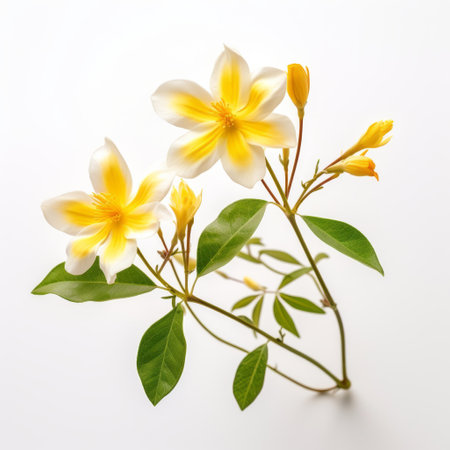 yellow flowers in the style of oriental minimalism captured by tokina at-x 11-16mm f/2.8 pro dx ii lens. the white background highlights the exotic and exquisite beauty of the flowers. the image is soft yet vibrant, with accurate and detailed representation of the subject. ai generatedの素材