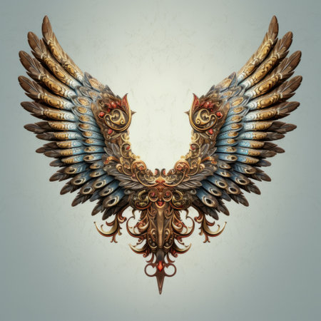 vintage gloom wings illustration with baroque ornate details and life-like avian illustrations. rendered in cinema4d, this artwork features traditional balinese motifs and a playful bronze color scheme. the multi-layered design showcases light blue and maroon hues, making it a stunning addition to any collection. ai generatedの素材
