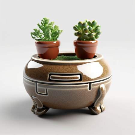 succulents in a terracotta pot take on a unique twist with this three-dimensional printed 3d image. the style is a blend of traditional chinese and futuristic retro, with symmetrical balance and quirky pottery. created using daz3d and rendered in unreal engine, the image has a shin hanga feel that is both modern and timeless. ai generatedの素材