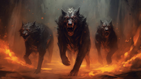 wolf pack fight fire wallpaper s, featuring a dark and brooding designer style, showcases characterful animal portraits and spatial concept art. the subtle use of light and shadow adds depth to the necronomicon illustrations, while the 32k uhd resolution highlights the traditional oil paintings. ai generatedの素材