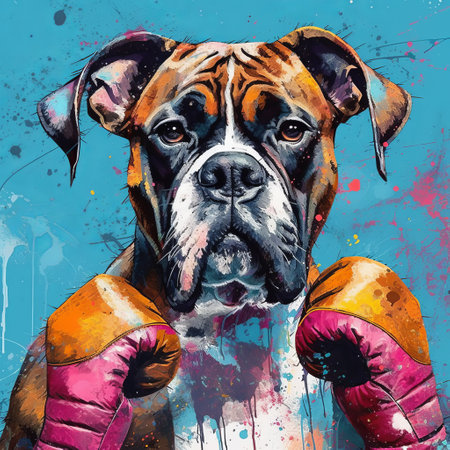 this acrylic on canvas artwork titled "boxer" by mark simon showcases an aggressive digital illustration of an animal in the style of light sky-blue and magenta. the piece is rendered in 32k uhd and features watercolor illustrations, pop culture collages, and quadratura. ai generatedの素材