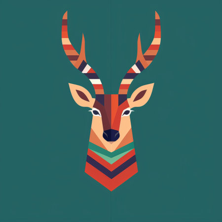 deer head in bold geometric minimalism style with dark green and orange colors, featuring symmetrical patterns of stripes and shapes. the horns on the face are highlighted in dark turquoise and light maroon, while the crisp graphic design requires minimal retouching. ai generatedの素材