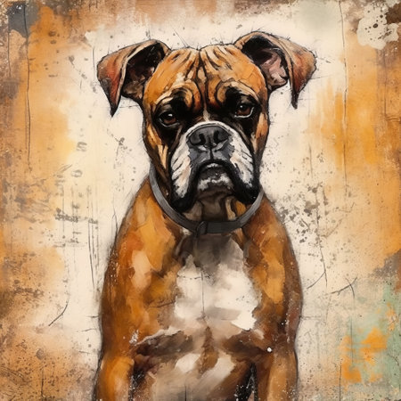 boxer dog portrait captured on an aged canvas in a naturalistic and atmospheric style. the painting is done in dark amber and silver, inspired by graffiti animals. the elegant and emotive face of the boxer dog is beautifully portrayed by the english painter using rollei prego 90. this 32k uhd painting is a perfect addition to any animal lover's collection. ai generatedの素材