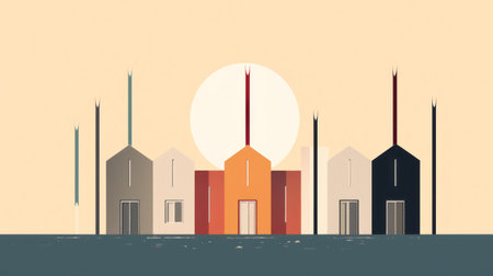 seaside city buildings featuring minimalist and abstract shapes with a touch of light maroon and orange. the reimagined religious art and folk-inspired illustrations blend seamlessly with the industrial elements. the contrasting lights and darks create a minimalistic symmetry that is both striking and unique. ai generatedの素材