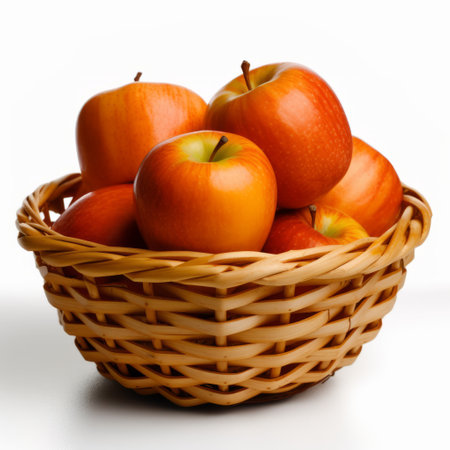 basket of apples with a crisp and clean look, showcasing immaculate perfectionism in light orange and light maroon shades. the innovating techniques used to capture the teethcore of the apples make this photo stand out. photographed by wlad safronow. ai generatedの素材