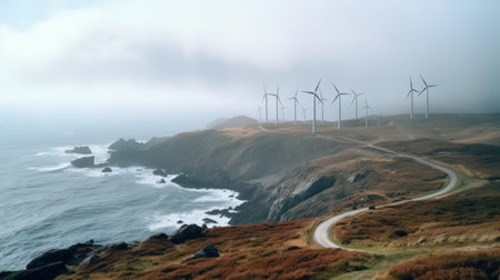 a wind turbine road winds up a coastal hill, with the ocean providing a stunning backdrop. the hazy landscape is reminiscent of traditional british landscapes, while the deconstructed landscape adds a modern touch. the stormy seascape adds drama to the scene, captured in stunning uhd image quality. the geodesic structures add a futuristic element, making this photo a true work of art. ai generatedの素材