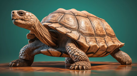 tortoise of different species captured in a 4k 3d model by t3t3o. the realistic anamorphic art style showcases the texture-rich, hyper-realistic animal illustrations with smooth and curved lines. the tortoise is standing on green ground, and the image is reminiscent of carved wood blocks. the textural richness of the image is a testament to the artist's skill. ai generatedの素材