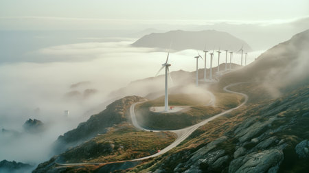 wind power towers majestically rise above the misty mountains in this stunning photograph. the detailed atmospheric portrait captures the soft and dreamy depiction of sustainable design. shot in iso 200 and 8k resolution, the image is reminiscent of the works of paulus potter and peder balke. ai generatedの素材
