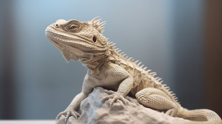 small lizard sculpture on rock in highly detailed realism style. light beige and light azure colors with crosshatched shading. softbox lighting highlights spiky mounds. high-quality photo captures the mastery of ink. keywords: lizard sculpture, rock, highly detailed realism, light beige, light azure, crosshatched shading, softbox lighting, spiky mounds, high-quality photo, mastery of ink. ai generatedの素材