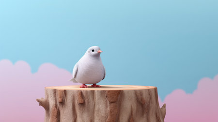 the cartoon dove, created by li wei in cinema4d, stands on a log stump in a hyperrealistic environment. the minimalist background in light magenta and sky-blue enhances the toy-like proportions of the dove. the attention to detail is realistic, making the dove seem almost alive. ai generatedの素材