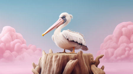 a pelican cg 3d illustration perched on a stump in a forest with a stunning pink sky. this charming character illustration showcases minimal retouching and a childlike style. the realistic animal portrait captures the beauty of the pelican. the light blue and white color scheme adds a touch of tranquility. this captivating artwork is a contest winner and can be found on sketchfab. ai generatedの素材