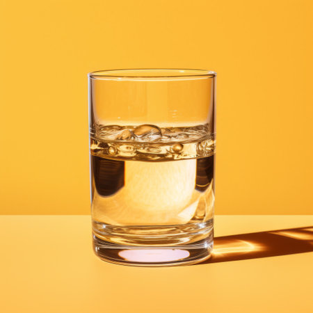 glass of water on yellow background in the style of ray tracing. the light orange and light gray hues add depth to the image. shot with manapunk and fujifilm pro 400h in new york city, this eye-catching composition is enhanced by vray tracing. ai generatedの素材