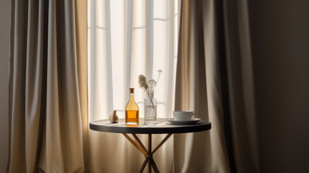 a glass of wine sits on a table by the window, surrounded by minimalistic objects in shades of light gray and amber. the scene exudes a sense of domestic intimacy and drugcore aesthetic, reminiscent of vignettes of paris. the ephemeral installations and golden light add to the overall ambiance. ai generatedの素材
