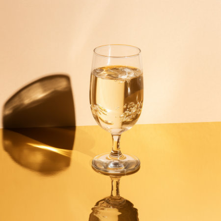 a glass of champagne is captured in this photo, featuring a light yellow and gold color scheme with minimal retouching. the contrasting light and shadow create a realistic yet romantic feel, enhanced by the use of ray tracing. the rich tonal palette adds depth to the image, while the wimmelbilder style adds a touch of complexity. ai generatedの素材