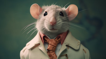 rat in a white shirt and tie, rendered in cinema4d with steampunk influences. this hyper-realistic portrait features maximalist, rich colors and photo-realistic techniques, all rendered in unreal engine. ai generatedの素材