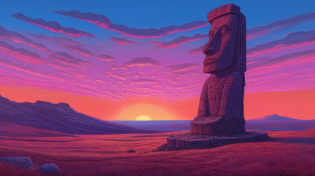 the sculpture at sunset stands tall amidst the rocky field, adorned in a colorful cartoon-style with intricate details of tropical symbolism. the background is richly detailed in light crimson and azure hues, reminiscent of maori art. the flat shading technique used in this speed painting adds depth and texture to the sculpture's form. ai generatedの素材