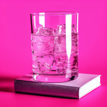 glass of ice-cold water on pink background, styled as dissected books, with monochromatic intensity in light gray and magenta. pop culture imagery and tonal sharpness make it a modern take on the american barbizon school. ai generatedの素材