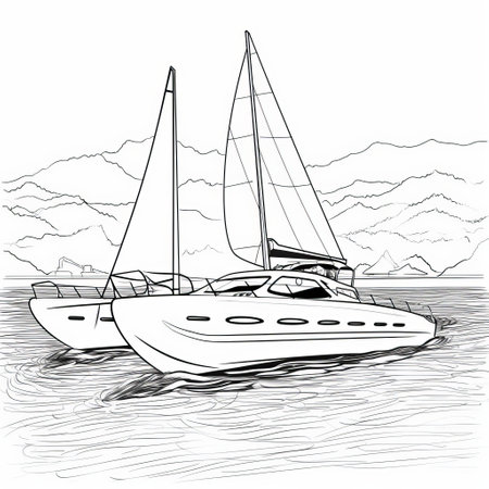 two sail boats are depicted in this hyper-detailed illustration, created in the style of automatic drawing. the light white and gray colors, along with the contour lines, beautifully capture the italian landscapes in which the boats are situated. this luxurious artwork is a precursor to the fauvism movement. ai generatedの素材