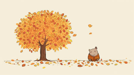 a girl sits beneath a majestic fall tree, surrounded by anthropomorphic animals in a cartoonish style. this 3840x2160 image captures a study place with cute and whimsical designs reminiscent of artists like fernando botero and chris riddell. ai generatedの素材