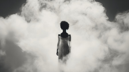 the woman in this photograph stands tall amidst a cloudy sky, captured in the haunting shadows of the black arts movement. the misty, documentary-style photography evokes a sense of afrofuturism, while the iconic rock and roll imagery adds a touch of rebellion. this stunning portrait, captured by serge marshennikov, is a true work of art. ai generatedの素材