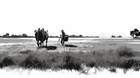 four cows graze in a field alongside a farmer in this black and white photograph. the traditional vietnamese style captures the essence of rural life, while the brushwork exploration adds a dynamic touch. shot with a leica r8, the image has a timeless quality reminiscent of a traditional animation or a sea and coast painter's work. the dynamic graphic novel style adds a modern twistの素材