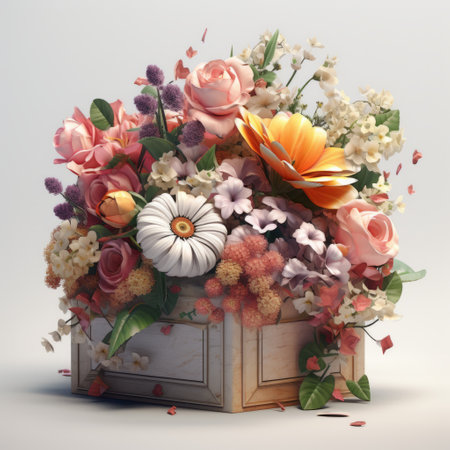 this blooming bouquet floral 3d image showcases the use of traditional japanese artistic techniques and cubo-futurism. rendered in cinema4d, the deconstructed objects and muted, earthy tones give it a unique storybook illustration feel. the image features beautiful floral bouquets, including roses, and is perfect for digital arts or for showcasing the work of a talented florist. additionally, the ceramic elements add a touch of eleganceの素材