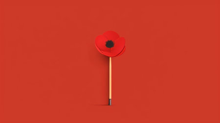 poppy flower on red background in minimalistic style with realistic rendering and simplified forms. the somber mood is enhanced by minimal retouching, creating a fine and detailed illustration suitable for illustrated advertisements. keywords: poppy, flower, red background, minimalistic design, realistic rendering, simplified forms, somber mood, minimal retouching, fine, detailed, illustrated advertisements. ai generatedの素材