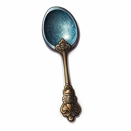 antique blue crystal spoon showcased on a white background, featuring 2d game art style, rococo whimsy, and personal iconography. the image is digitally enhanced with a chinapunk twist, highlighting the teal and bronze hues for an innovative look. ai generatedの素材