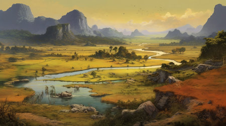 this hd wallpaper showcases a breathtaking landscape of the twilight valley in china, featuring naturalistic animal paintings and a color scheme of yellow and brown. the art style is reminiscent of 2d game art and the danube school, with elements of prehistoricore and traditional vietnamese art. the hyper-detailed and realistic depiction of the water and surroundings make this piece a stunning addition to any collection.の素材