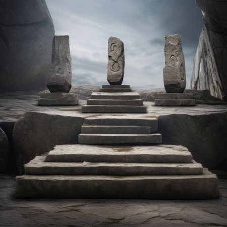 steps leading to a large rock on the side of the mountain, designed in the style of columns and totems, featuring eerily realistic celtic art. the photorealistic accuracy of the design creates an immersive environment that sets a somber mood. the symmetrical figures add to the overall sense of balance and harmony. ai generatedの素材