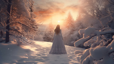 a woman walks through the snow as the sun rises behind her, creating a stunning and romantic scene. this photo captures the beauty of nature and is inspired by fairytale landscapes and the victorian era. the image is ultra-high definition, providing a photo-realistic view of the stunning scenery. ai generatedの素材