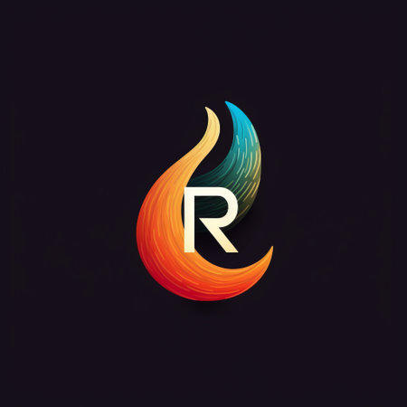 the alphabet "r" is creatively designed with a fire flame logo, featuring colorful layered forms and organic textures. the innovative page design is inspired by the works of rumiko takahashi and petros afshar, with colorful curves and a realistic yet stylized approach. ai generatedの素材