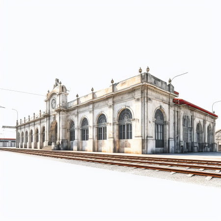 the train station scene showcases a hyper-detailed rendering of a baroque architecture with classical symmetry. the reinforced concrete construction and realistic landscapes with soft, tonal colors add to the realistic feel of the scene. the clock and train in the foreground give a sense of movement and urgency. the style of the scene is reminiscent of the spanish school, with the use of vray addingの素材