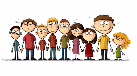 cartoon characters in light brown and maroon colors are posing in front of a line of people. the child-like innocence style is enhanced by expressive body language and primary colors. ogham scripts add a unique touch to the design. the scene portrays a busy atmosphere with mommies on the phone. ai generatedの素材