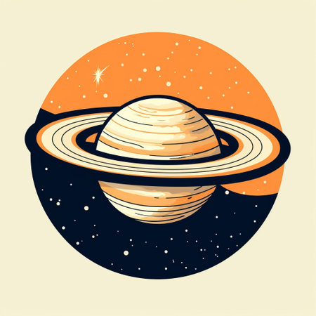 saturn planet depicted in a vintage poster style, orbits around an orange circle with stars. the colorful drawings of infinite space are printed in holotone, creating a contrasting balance. the gravity-defying landscapes add to the overall appeal of the design. ai generatedの素材