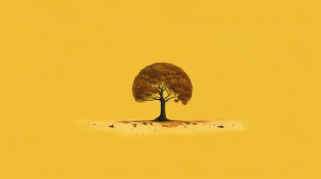 the yellow painting features a simplistic cartoon-style tree on a surface. the use of earth tones adds to the conceptual minimalism of the piece, while the dusty piles in the background create a hyper-realistic effect. the overall aesthetic is enhanced by the addition of witty and clever cartoons and animated gifs. ai generatedの素材