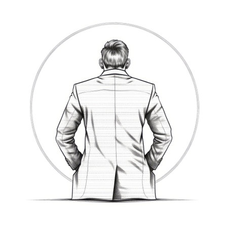 man in suit with hands in pockets, styled in optical illusionism. editorial illustration with circular shapes and realistic portrait drawings. clean and sharp inking with clear edge definition. this contest winner is a stunning example of modern art. ai generatedの素材