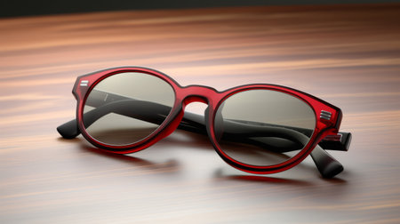 red sunglasses with reflective lenses sit on a table in this photorealistic rendering. the digitally enhanced image features free-flowing lines and a rounded design, reminiscent of the style of jean-andre rixens. the dark red color adds a touch of sophistication to the sunglasses, which are perfect for any fashion-forward individual. ai generatedの素材
