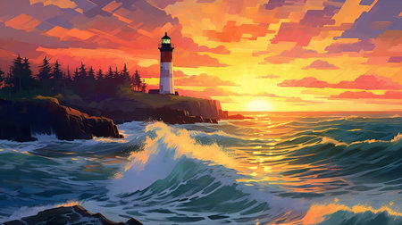 this uhd image depicts a colorful pixel-art painting of a lighthouse standing tall against the naturalistic ocean waves. the artwork, created by michael malm, features light red and light amber hues that give it a vibrant and lively appearance. the colorful cartoon style of the painting is truly breathtaking, and it's hard to believe how beautiful it is until you see it for yourself. aiの素材