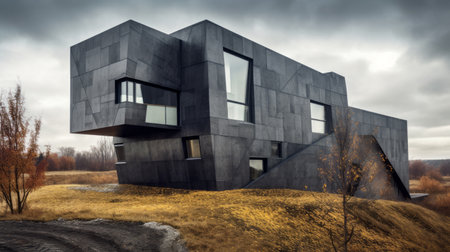 the black home, designed in the style of otherworldly grotesquery, features windows that are up against a slope. the puzzle-like pieces of the structure are captured in this national geographic photo, rendered with octane. the use of concrete and the incorporation of the golden ratio are evident in this germanic art-inspired design. ai generatedの素材