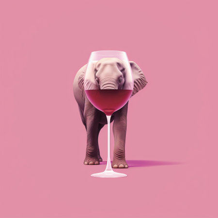 elephants drinking wine in a photographically detailed portrait style on a pink background. bold posters and inventive character designs rendered in cinema4d. hyper-realistic animal illustrations with symmetry and balance. ai generatedの素材