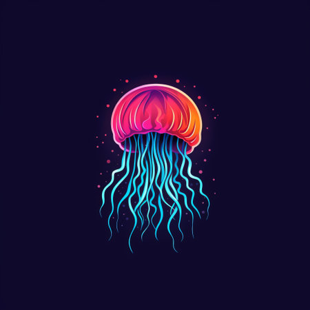 neon-colored jellyfish illustration on black background. simple, fluid and loose style with light maroon and dark azure colors. characterized by organic and fluid lines, bright and unmodulated colors. ai generatedの素材