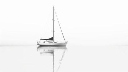 a sailboat glides through the misty sea in this hyperrealistic black and white rendering. the streamlined design of the boat is complemented by its reflection in the calm waters. this minimalist illustration, rendered in unreal engine, captures the romantic essence of sailing. ai generatedの素材