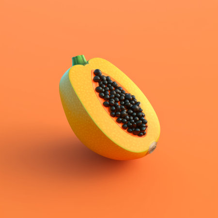 a sliced mango on a plate with visible seeds, rendered in a hyperrealistic style using cinema4d. the minimalist color field design features a light orange hue and selective focus, creating an isometric composition reminiscent of carl kleiner's work. ai generatedの素材