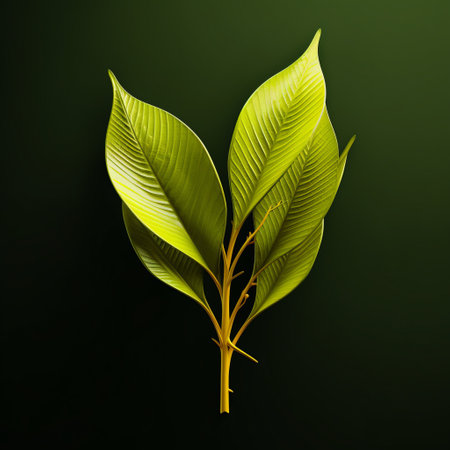 green leaf isolated on black background in the style of realistic anamorphic art by victor mosquera and kinuko y craft. the leaf features dark yellow and light brown hues, with a realistic rendering that is accurate and detailed, similar to the work of joong keun lee. ai generatedの素材
